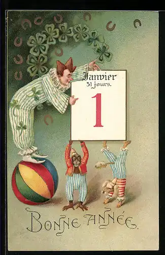 AK Clown mit Kalender auf einem Ball, Affe, Hund, Neujahrsgruss