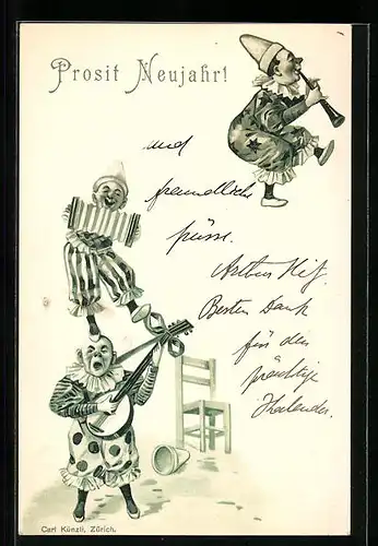 AK Zirkusclowns mit Instrumenten, Neujahrsgruss
