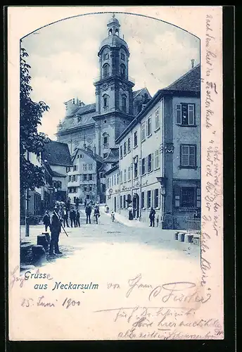 AK Neckarsulm, Strassenpartie mit Kirche