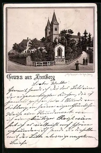 Vorläufer-Lithographie Arenberg, 1893, Strassenpartie mit Kirche