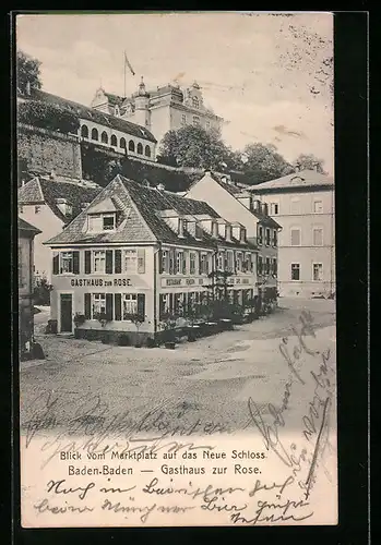 AK Baden-Baden, Blick vom Marktplatz auf das Neue Schloss und Gasthaus zur Rose