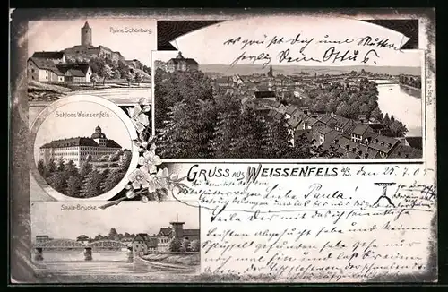 Lithographie Weissenfels a./S., Ruine Schönburg, Saale-Brücke, Ortsansicht