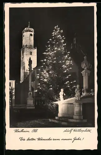 AK Weilheim, platz mit Weihnachtsbaum