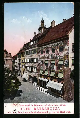 AK Konstanz, Obermarkt mit Hotel Barbarossa und Haus zum hohen Hafen