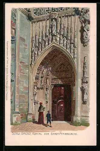 Lithographie Schwäbisch-Gmünd, Portal der Stadt-Pfarrkirche