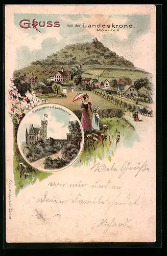 Lithographie Görlitz, Gesamtansicht Landeskrone, Gasthaus auf der Landeskrone