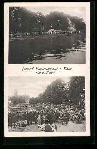 AK Klosterlausnitz /Th., Freibad - Ansicht vom Wasser, Veranstaltung mit Publikum