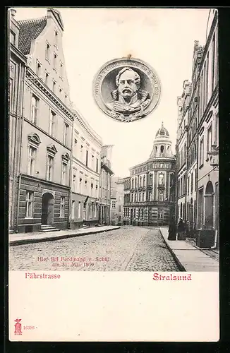 AK Stralsund, Fährstrasse, Portrait Ferdinand v. Schill