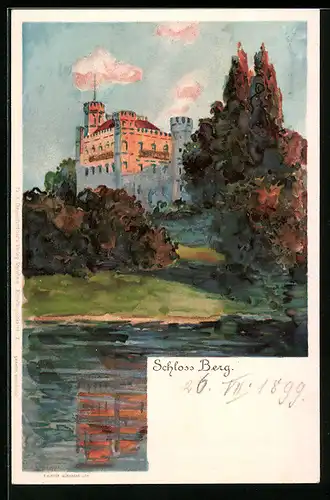 Lithographie Starnberg, Schloss Berg im herbstlichen Abendlicht