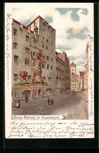 Lithographie Regensburg, Strasse beim Goliath