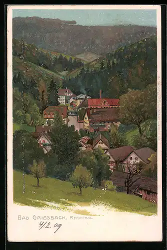 Künstler-AK Bad Griesbach /Renchthal, Ortsansicht aus der Vogelschau