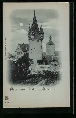 Mondschein-AK Lindau a. Bodensee, Ortsansicht mit Turm