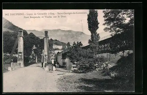 AK Saint-Georges-de-Commiers, Pont Suspendu et Viaduc sur le Drac, Ligne de Grenoble à Gap