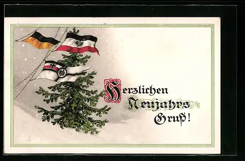 AK Tannenbaum Fahne des Kaiserreiches und Österreiches, Reichskriegsflagge, Neujahr