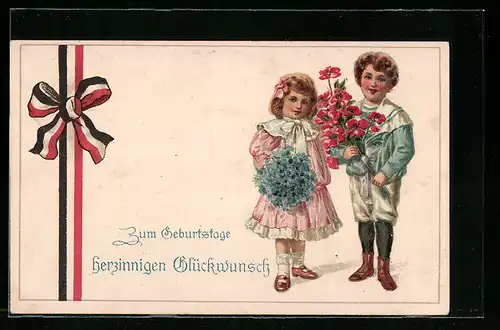 Künstler-AK Kinder mit Blumen zum Geburtstag, Deutsches Band