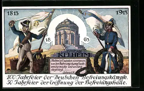 Künstler-AK Kelheim, Jahrhundertfeier in der Befreiungshalle 1913, Deutsche Soldaten mit Fahne, Befreiungskriege