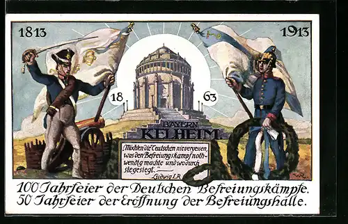 Künstler-AK Kelheim, Jahrhundertfeier in der Befreiungshalle 1913, Deutsche Soldaten mit Fahne, Befreiungskriege