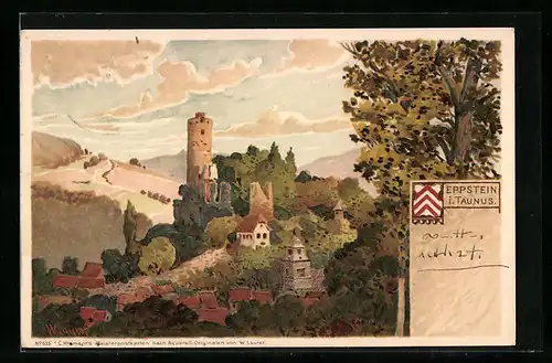 Lithographie Eppstein / Taunus, Blick zur Burgruine