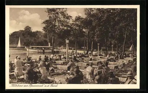 AK Berlin-Wannsee, Gasthaus Wirtshaus zur Pfaueninsel Gustav Prinz, Garten