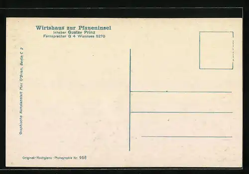 AK Berlin-Wannsee, Wirtshaus zur Pfaueninsel, Inh. Gustav Prinz