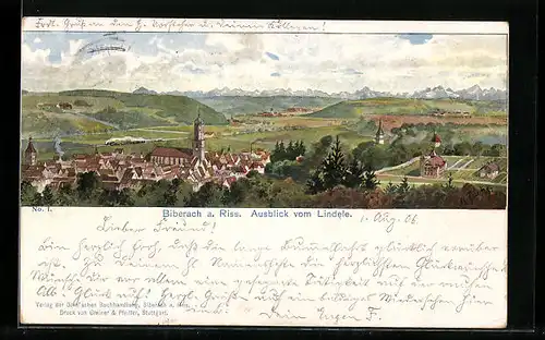 Lithographie Biberach a. Riss, Ausblick vom Lindele