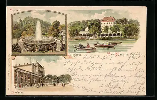 Lithographie Bad Nauheim, Sprudel, Kurhaus und Teichhaus