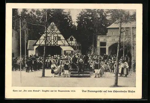 AK Heidenheim, Volksschausspiel, Szene aus der arme Konrad, das Narrengericht auf dem Schorndorfer Wasen