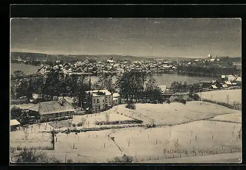 AK Ratzeburg, Ortsansicht aus der Vogelschau im Winter