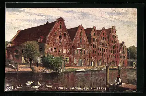 Künstler-AK Lübeck, Lagerhäuser a. d. Trave