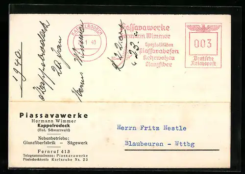 AK Kappelrodeck, Piassavawerke Hermann Wimmer, Korrespondenzkarte