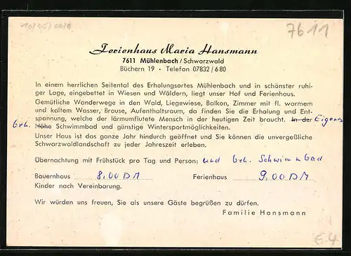 AK Mühlenbach /Schwarzwald, Ferienhaus Maria Hansmann, Büchern 19