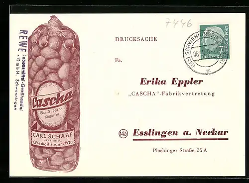 AK Esslingen a. Neckar, Cascha-Fabrikvertretung E. Eppler, Plochinger Str. 33 A, Reklame für Cascha Eier-Suppen-Klösschen