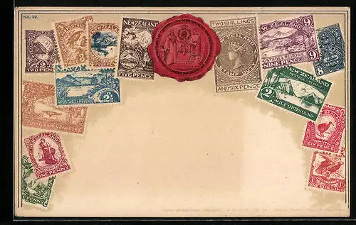 Präge-AK Neuseeland, Ansichten von Briefmarken, Siegelwappen