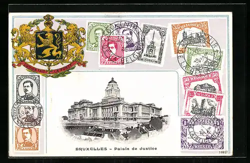 AK Brüssel / Bruxelles, Palais de Justice, Briefmarken, Wappen