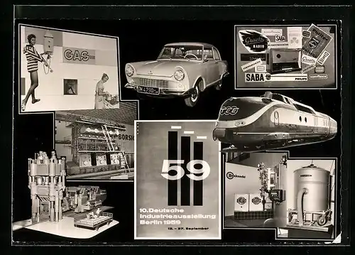 AK Berlin, 10. Deutsche Industrieausstellung 1959, Saba, Bauknecht, Nilfisk, Trans-Europ-Express