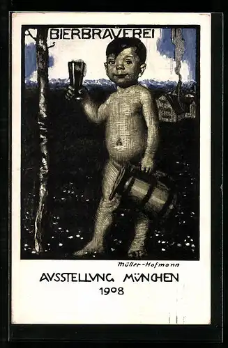 Künstler-AK sign. Müller Hofmann: München, Ausstellung 1908, Nackter Bub mit Bierkrug