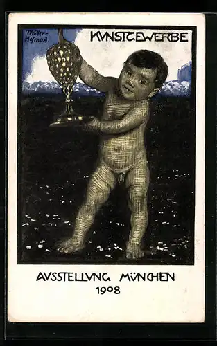 Künstler-AK sign. Müller Hofmann: München, Ausstellung 1908, Kleines Kind mit einer Kunstfigur