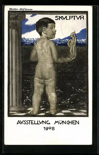 Künstler-AK sign. Müller-Hofmann: München, Ausstellung 1908, Bub mit Bavaria in der Hand