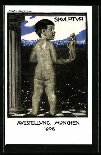 Künstler-AK sign. Müller-Hofmann: München, Ausstellung 1908, Bub mit Bavaria neben Stele