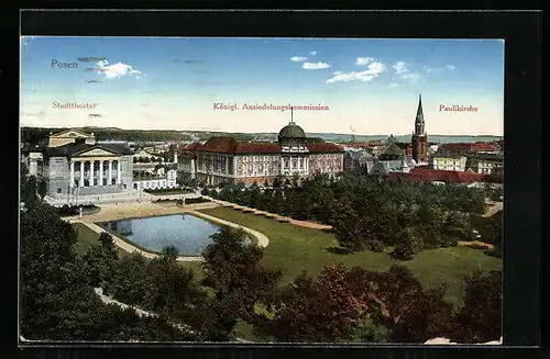 AK Posen, Teilansicht mit Stadttheater, Ansiedelungskommission und Paulikirche