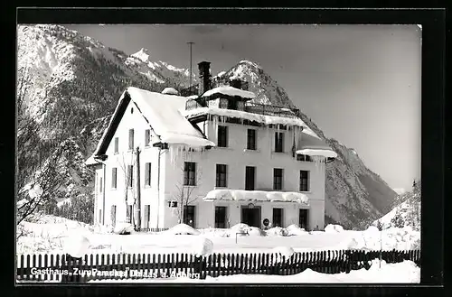 AK Dalaas am Arlberg, Gasthaus Zum Paradies im Winterkleid