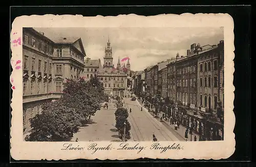 AK Lemberg, Partie am Ringplatz, Strassenbahn