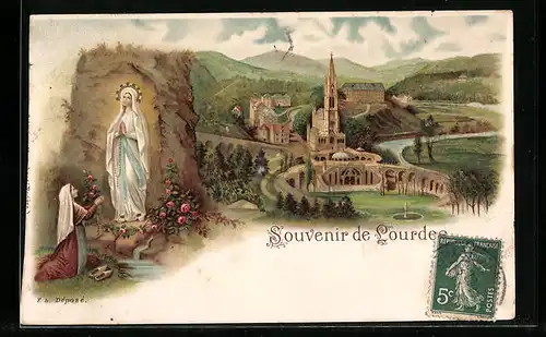 Lithographie Lourdes, Ortsansicht mit Kirche, Heilige Mutter