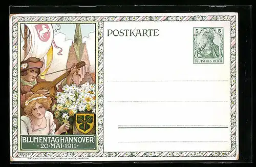 Lithographie Hannover, Blumentag 1911, Sänger und Blumendame vor Fahne, Ganzsache