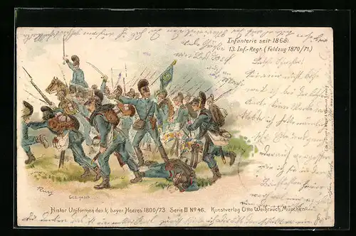 Lithographie Angehörige des k. bayer. Heeres in historischen Uniformen 1800 /73, Schlachtenbild