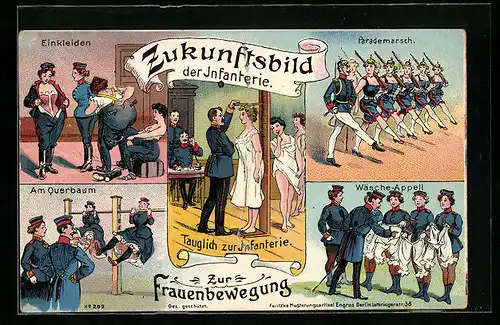 AK Zukunftsbilder der Infanterie, Frauen als Soldaten, Szenenbilder