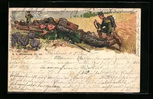 Lithographie Infanterie-Soldaten in Geschützstellung