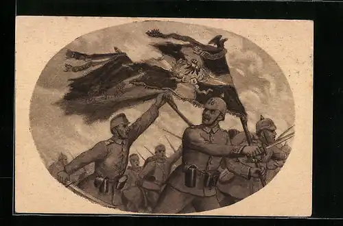 AK Soldaten beim Sturm mit zerfetzter Fahne