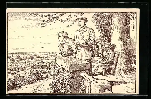 Künstler-AK Verwundete Soldaten haben einen schönen Ausblick