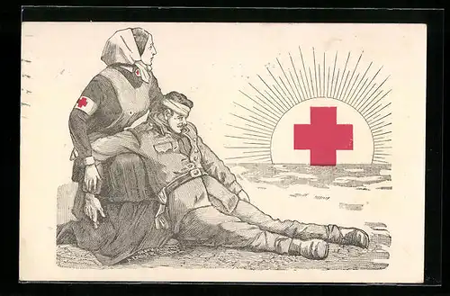 Künstler-AK Rot-Kreuz-Schwester bei einem verwundeten Soldaten, Rot-Kreuz-Sonne